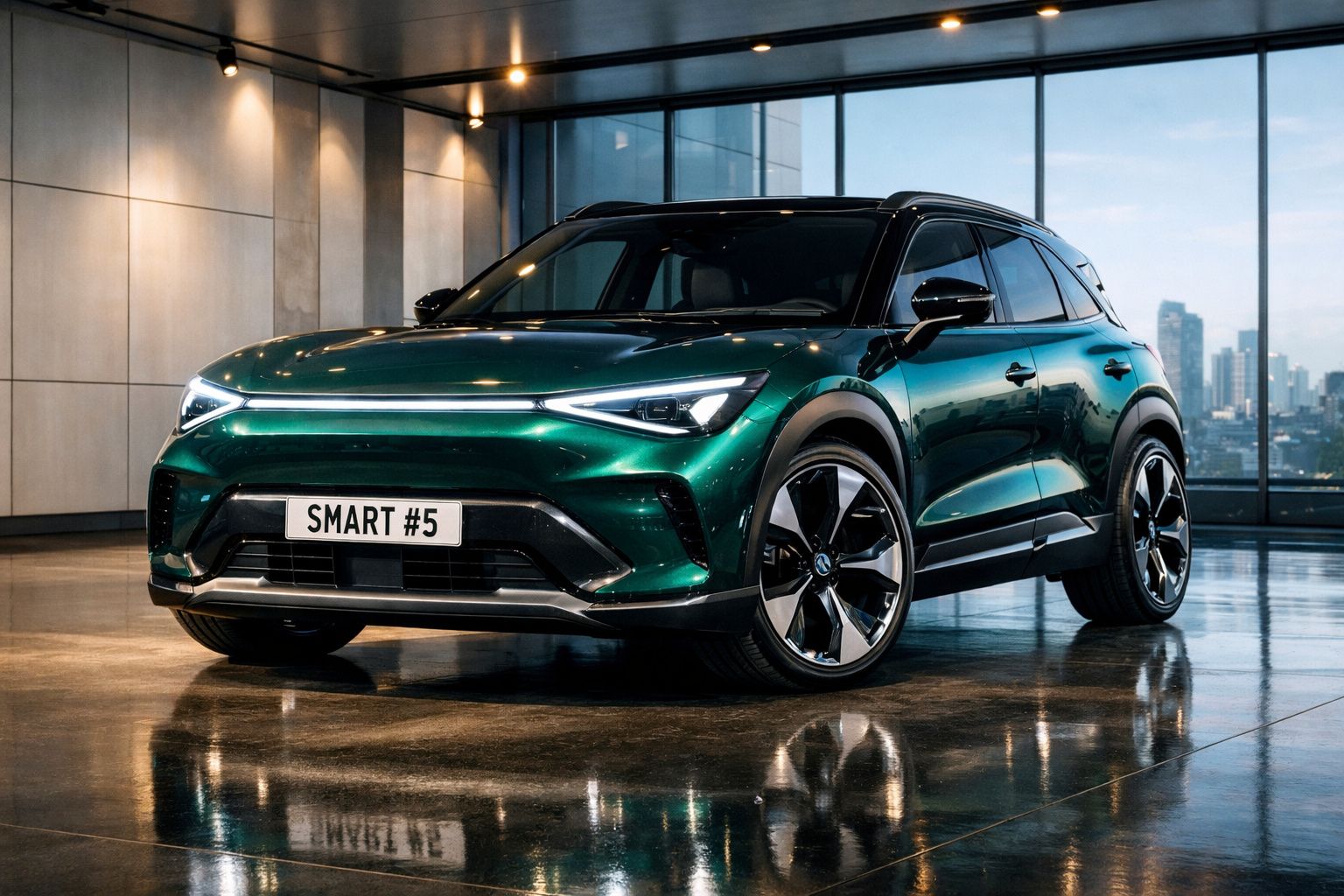 Carro elétrico SUV Smart #5 verde metálico em espaço interior moderno com janelas grandes e vista urbana.