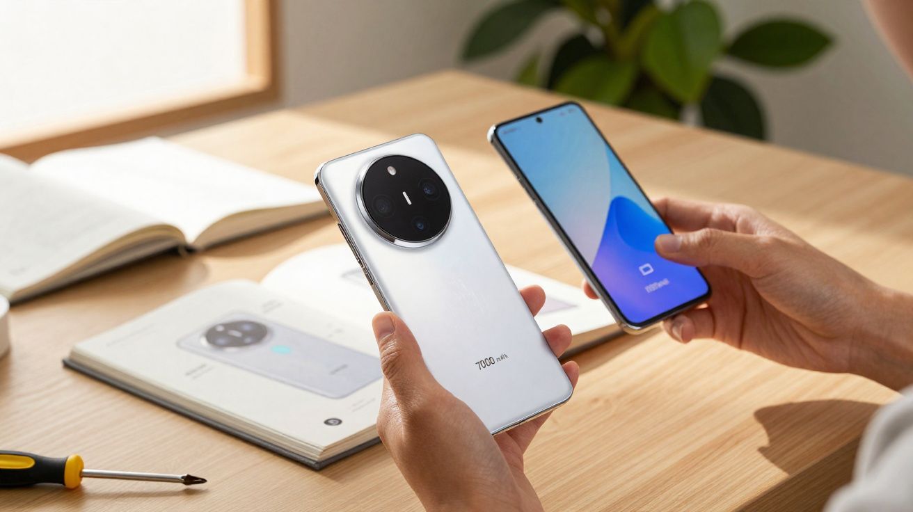 Pessoa segura dois smartphones sobre mesa com livros e ferramenta ao fundo, num ambiente iluminado.