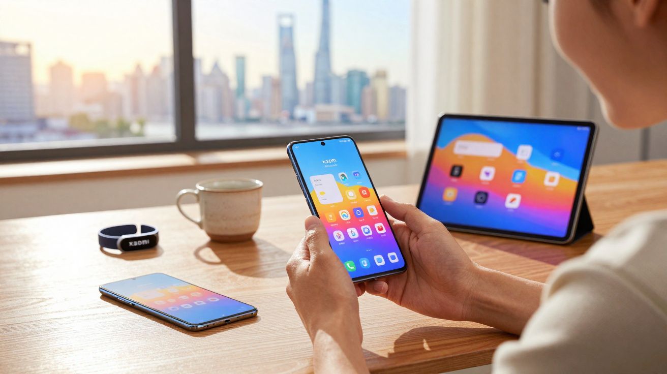Pessoa a usar smartphone com tablet e pulseira Xiaomi numa mesa perto de janela com vista urbana.