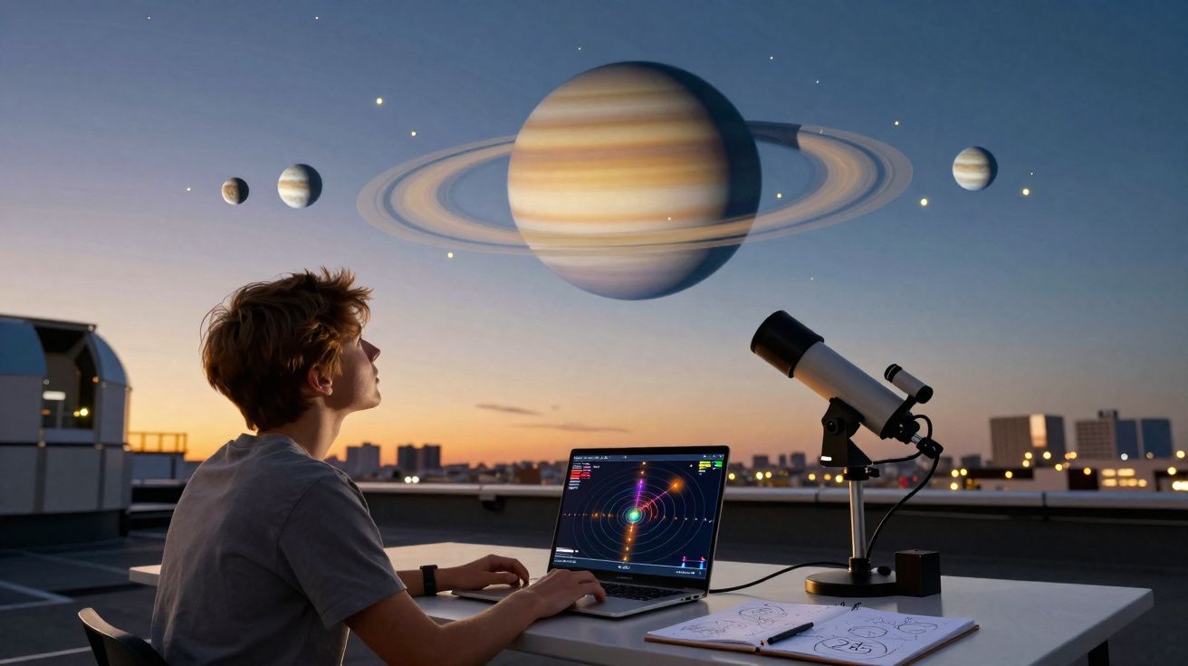Rapaz observa planetas com telescópio e computador ao pôr do sol numa varanda urbana.