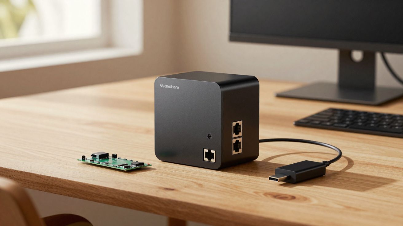 Dispositivo preto Wayshare com cabos e circuito numa secretária clara junto a monitor e teclado.