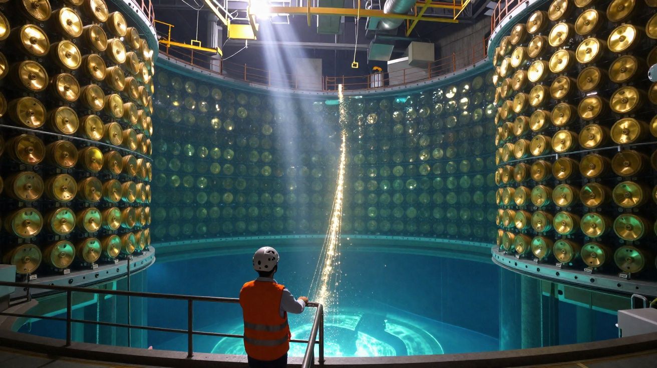 Interior de detector neutrino com luzes douradas e pessoa com colete laranja a observar fascínio.