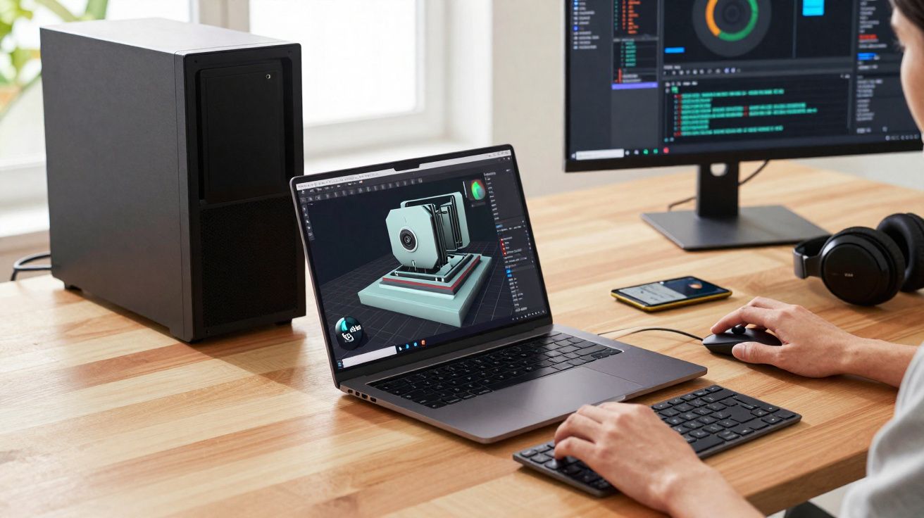 Pessoa a usar computador portátil com software de modelagem 3D numa secretária de madeira.