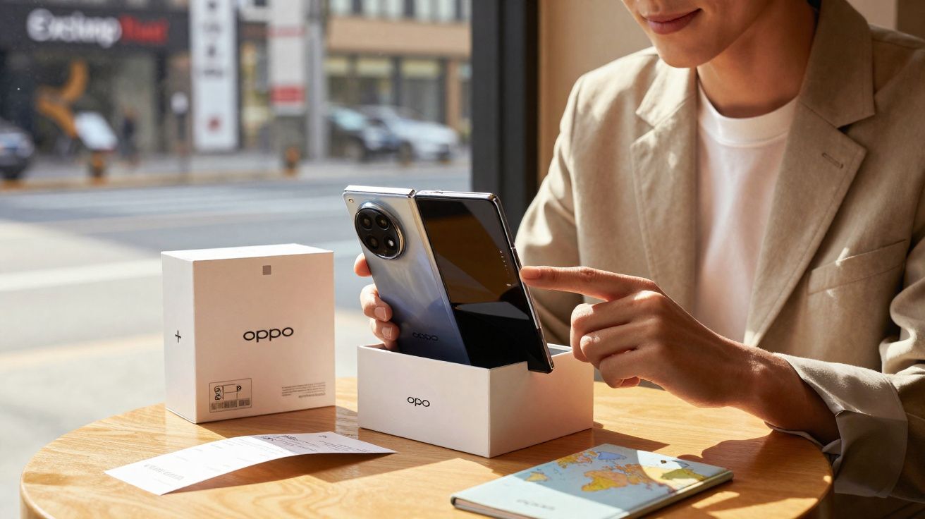 Pessoa desembrulha smartphone dobrável Oppo numa mesa com caixa e um tablet com mapa aberto.
