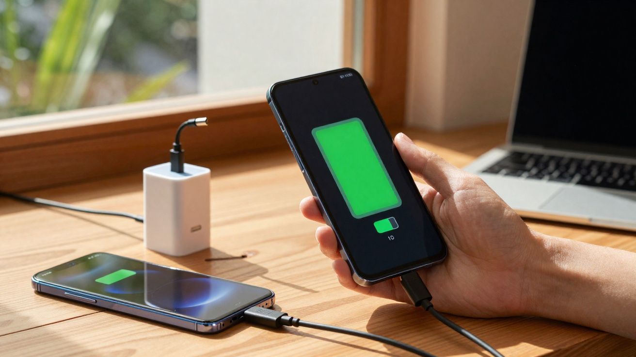 Telemóveis a carregar sobre uma mesa de madeira com fundo desfocado e computador portátil.