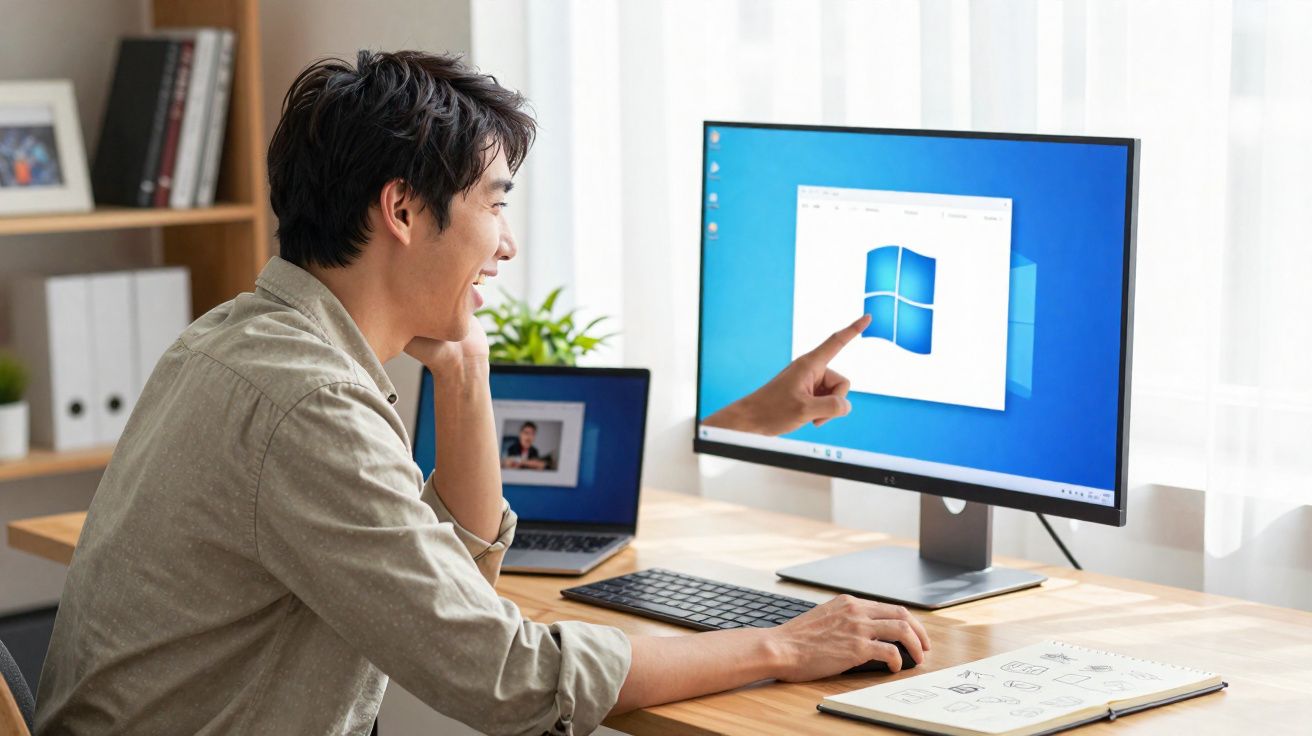 Homem sentado a sorrir enquanto aponta para o logótipo do Windows no ecrã do computador na secretária.