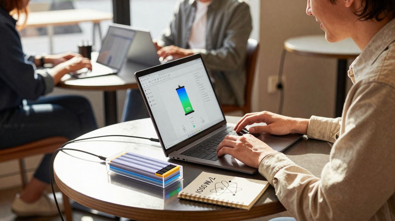 Pessoa a usar computador portátil numa mesa com bateria externa e caderno com desenho e texto sobre energia.