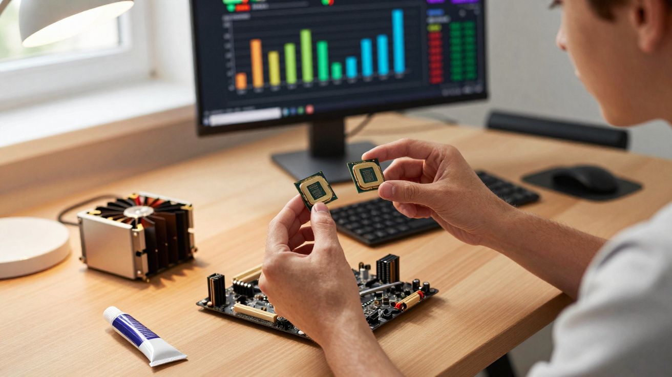 Pessoa a examinar dois processadores junto a uma placa-mãe em secretária com monitor com gráficos coloridos.