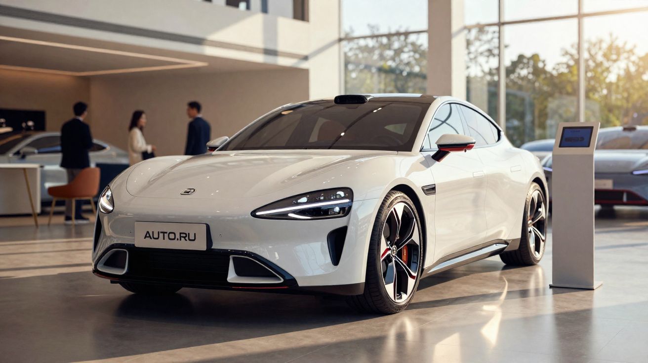 Carro desportivo branco elétrico em exposição numa sala moderna com pessoas ao fundo.