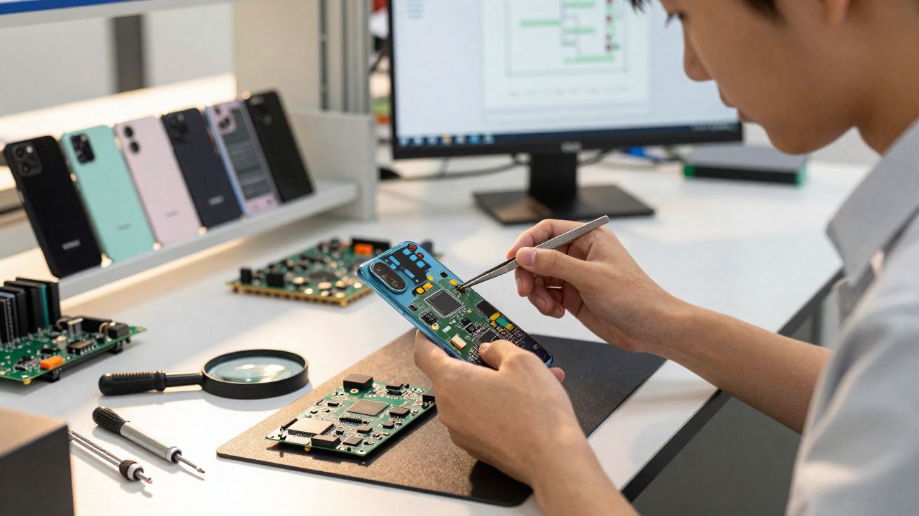 Pessoa a reparar componentes eletrónicos dentro de um smartphone num ambiente de trabalho tecnológico.