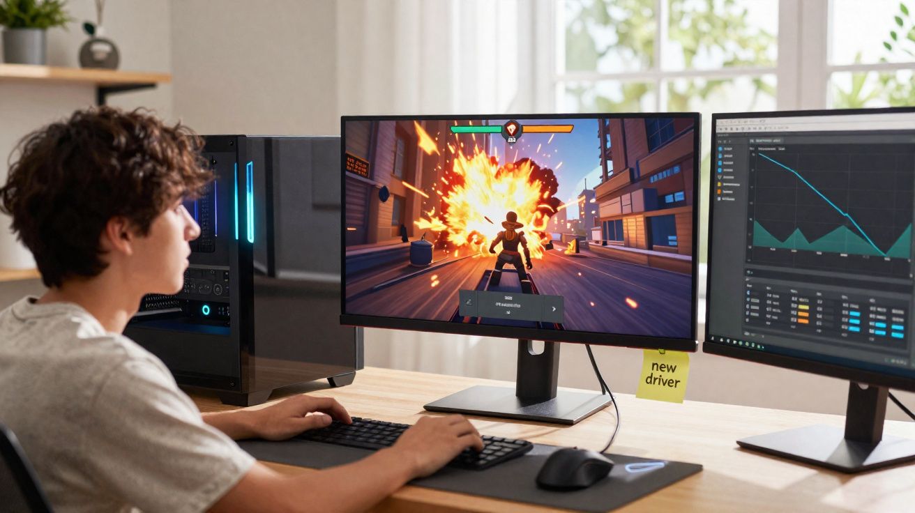 Jovem sentado numa secretária a jogar videojogo com ecrãs duplos e gráfico de análise ao lado.