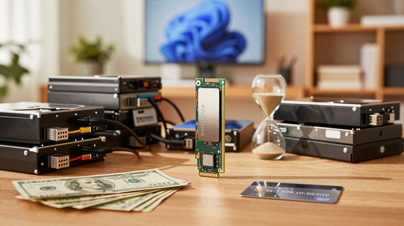 Cartões de memória, discos rígidos, ampulheta, notas de dólar e cartão de crédito sobre mesa de madeira.