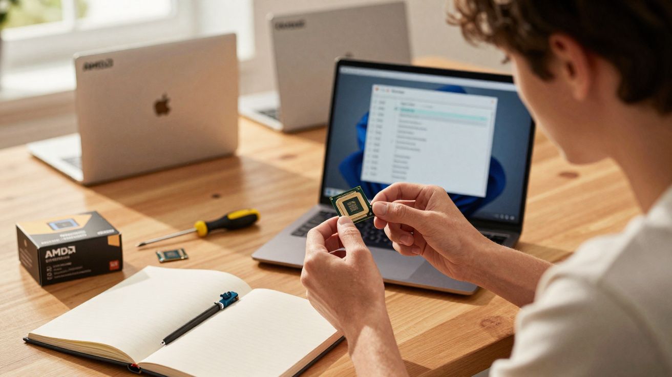 Pessoa a segurar um processador de computador à frente de um portátil aberto e caderno numa mesa de madeira.
