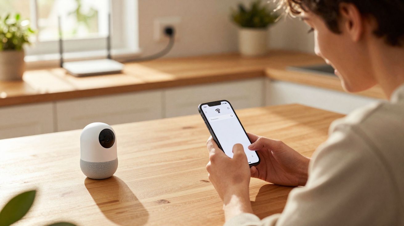 Pessoa a controlar uma câmara de segurança doméstica através de um smartphone numa cozinha moderna.