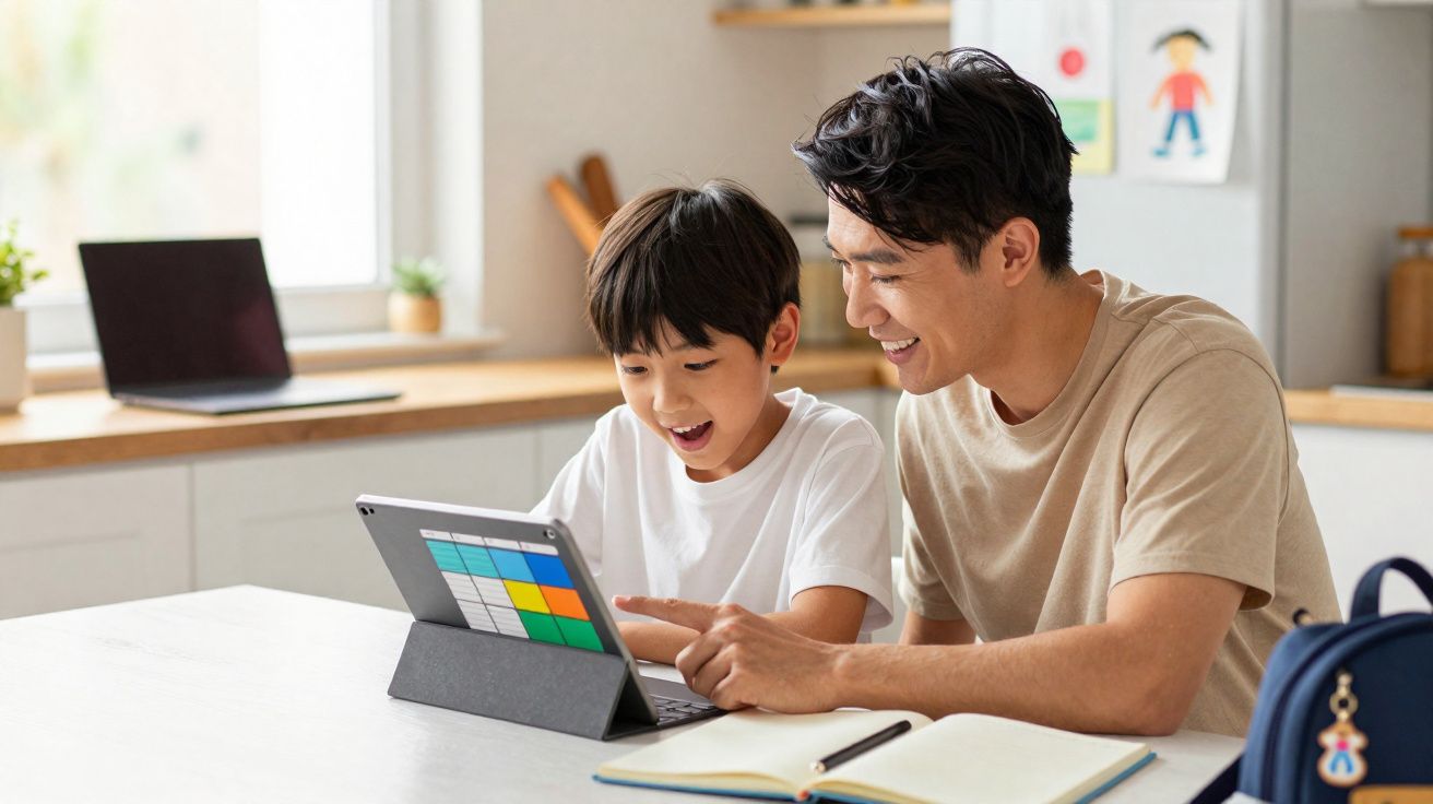 Pai e filho sentados à mesa da cozinha, a olhar e a sorrir para um tablet.