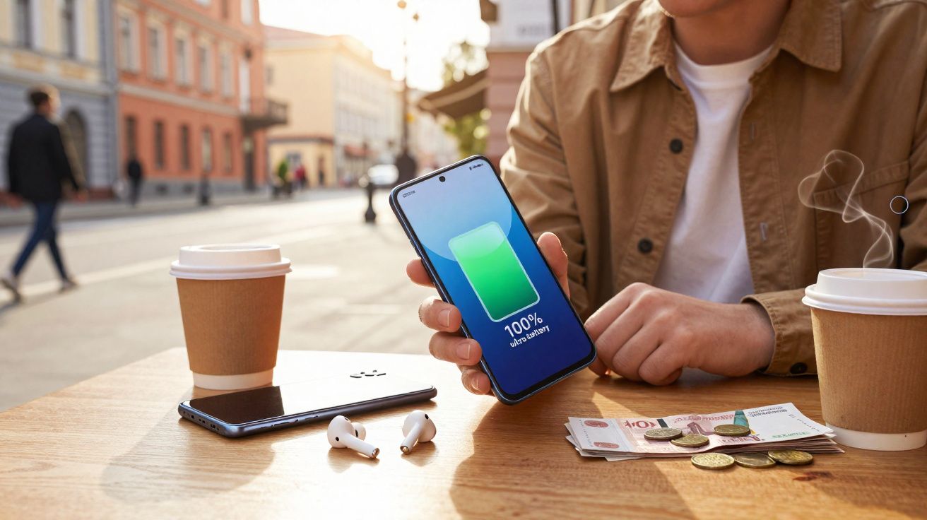 Pessoa mostra telemóvel com bateria a 100% numa mesa com café, auriculares, dinheiro e outro telemóvel na rua.
