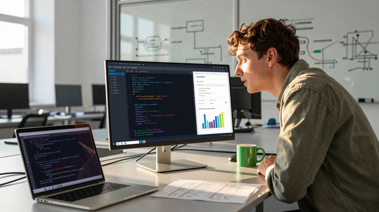 Jovem a trabalhar com código e gráficos num computador num escritório moderno e iluminado.