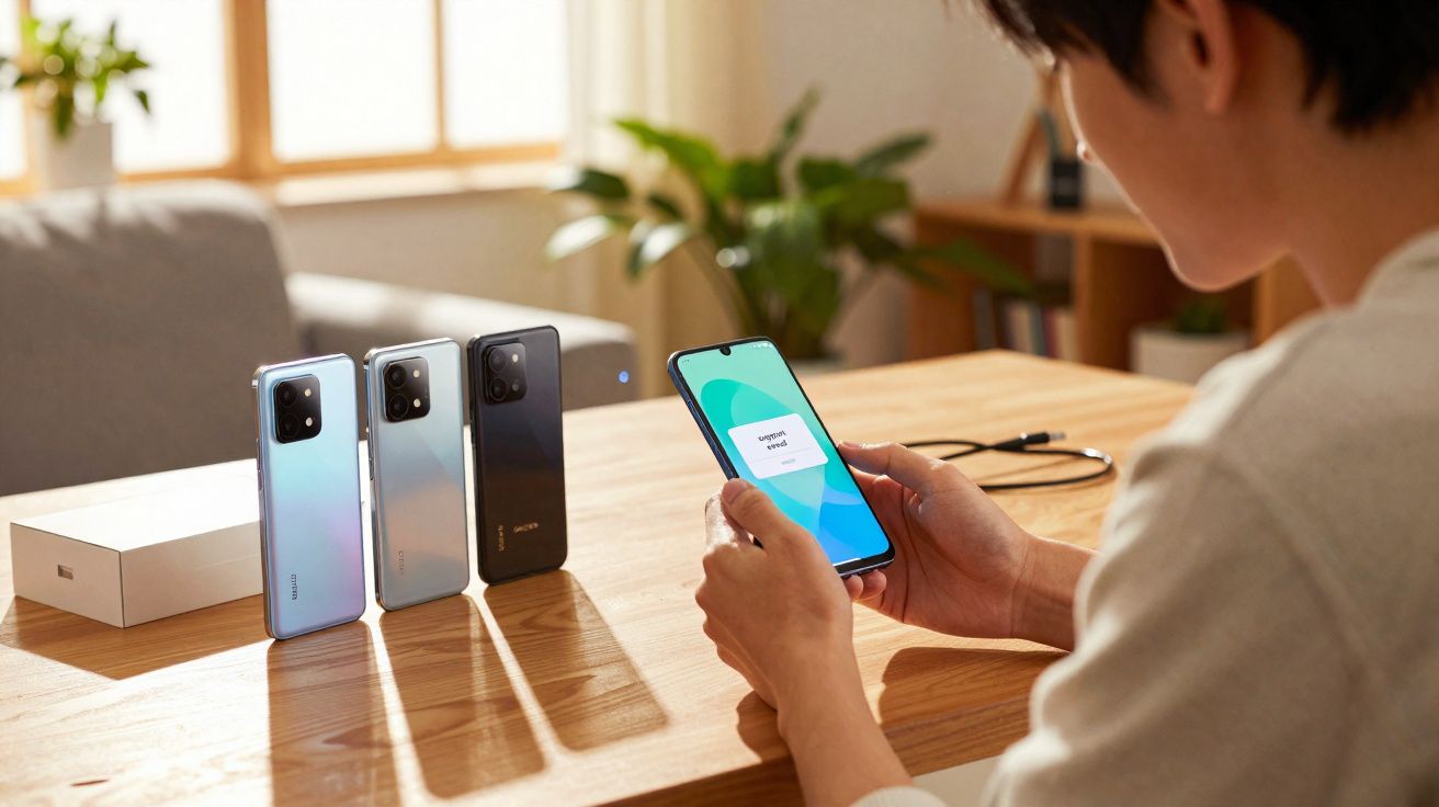 Pessoa a segurar smartphone com ecrã ligado, três smartphones encostados numa mesa de madeira iluminada.