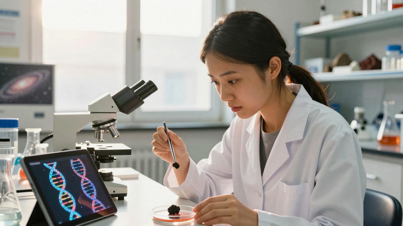 Cientista no laboratório a analisar amostra com pinça, microscopio e imagem DNA no tablet ao lado.