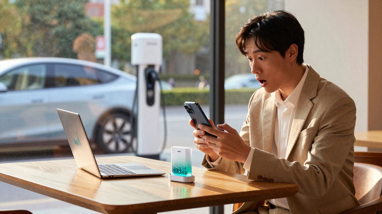 Homem surpreendido ao olhar para smartphone sentado em mesa com portátil, gadget e carro elétrico ao fundo.