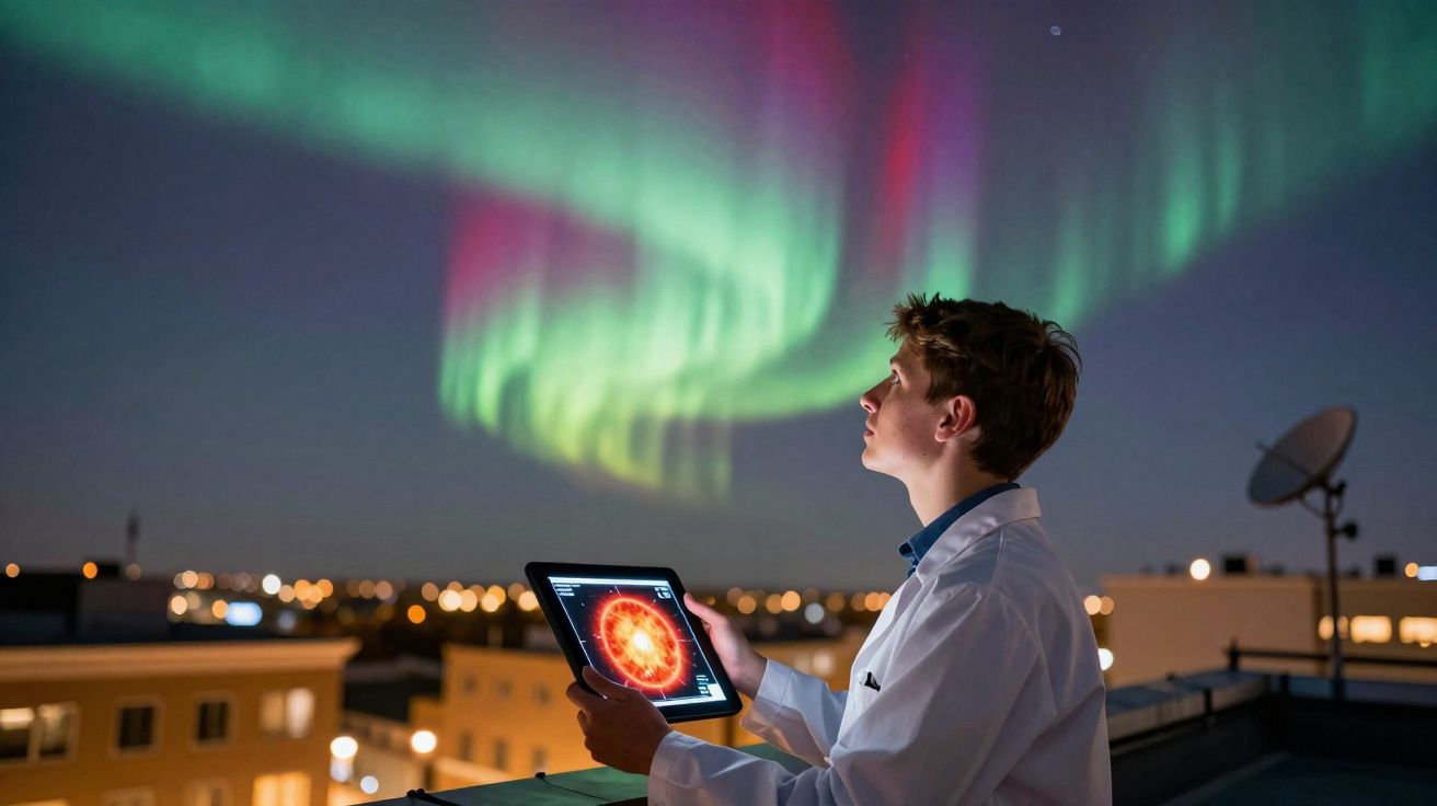Jovem cientista observa aurora boreal enquanto segura tablet com imagem do sol numa cobertura urbana à noite.