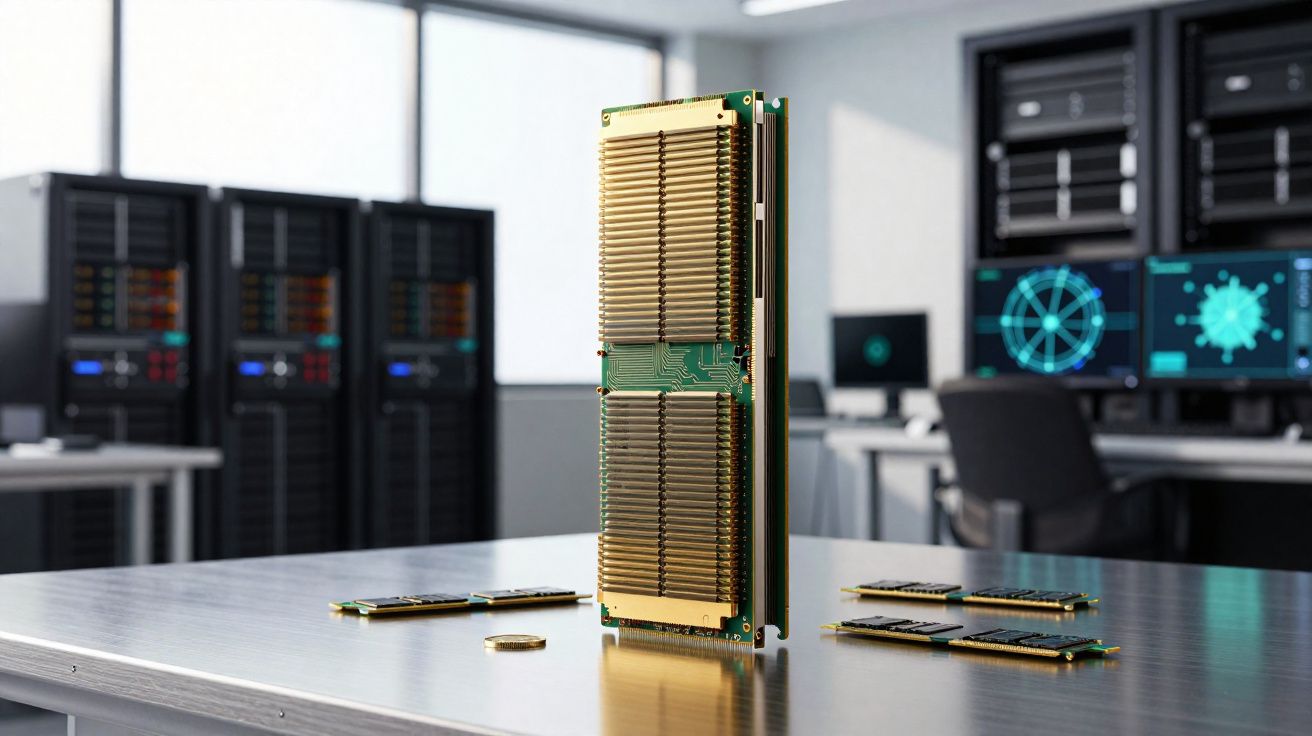 Módulos de memória RAM e uma moeda sobre mesa metálica em ambiente de servidor e monitores ao fundo.