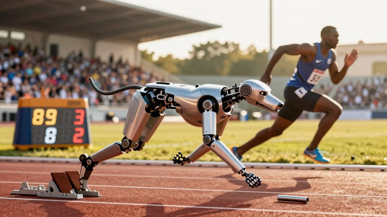 Corrida num estádio com um atleta humano e um cão robótico lado a lado na pista de atletismo.