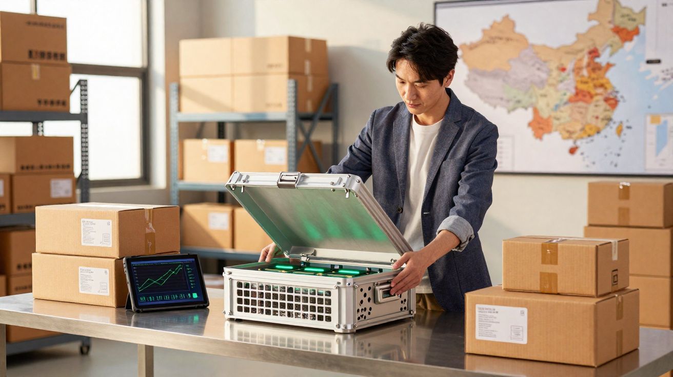 Homem a abrir uma mala metálica numa mesa metálica rodeada de caixas de cartão e um ecrã digital com gráficos.