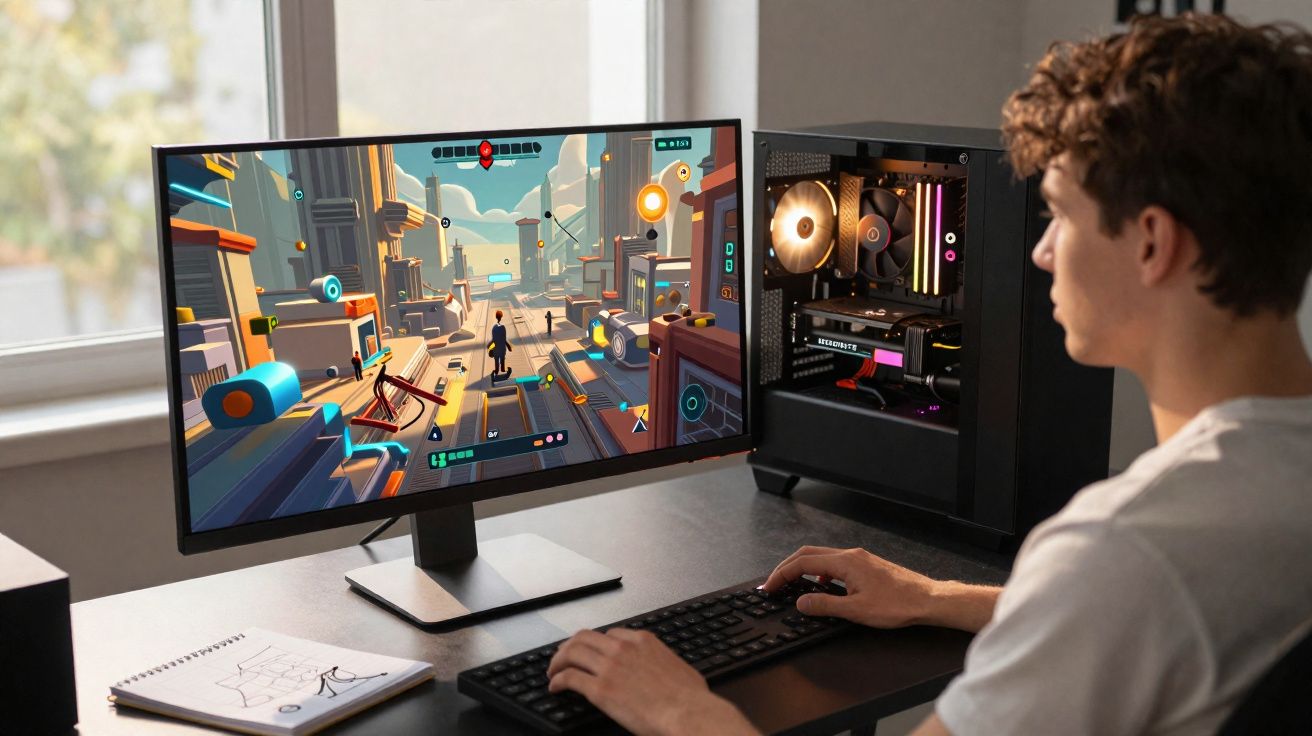 Jovem sentado a jogar videojogo futurista num computador de secretária com janela ao fundo.