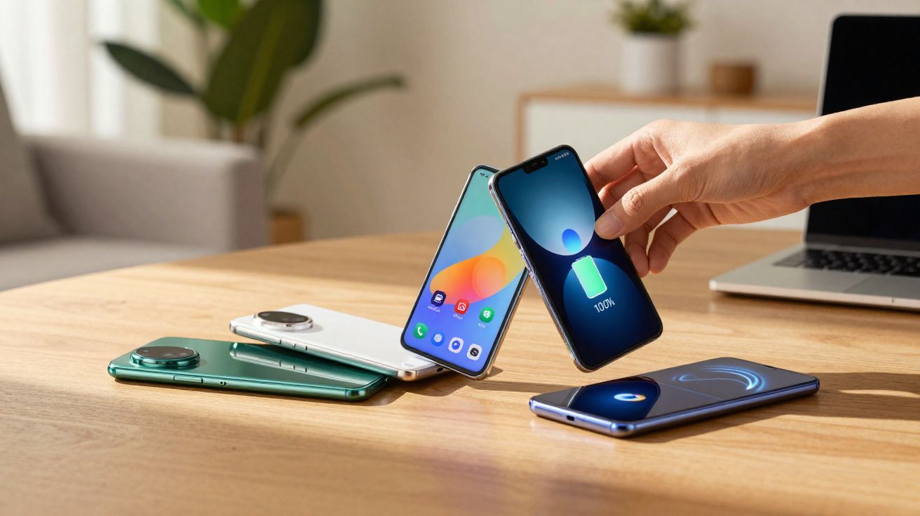 Telemóveis modernos sobre uma mesa de madeira, com um a ser carregado sem fios por uma mão.