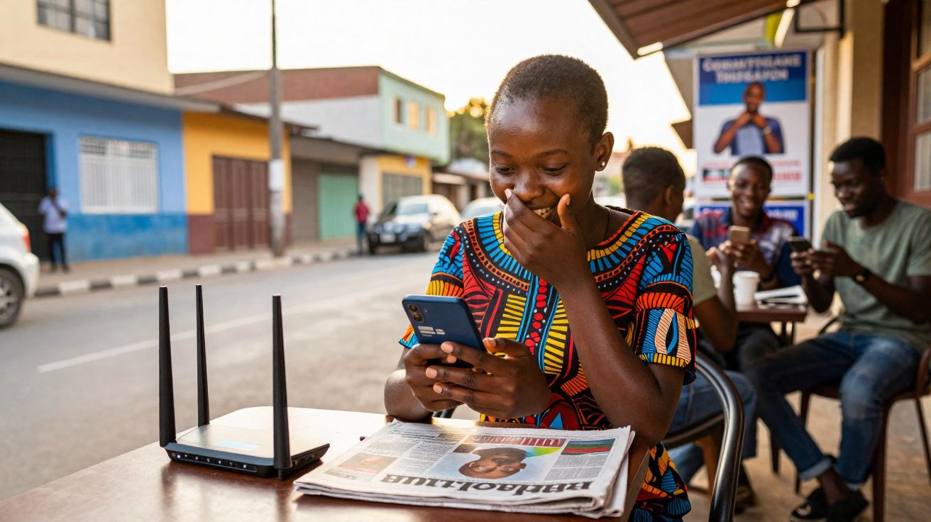 Jovem sorridente lê mensagem no telemóvel sentado numa mesa com jornal e router numa rua urbana.