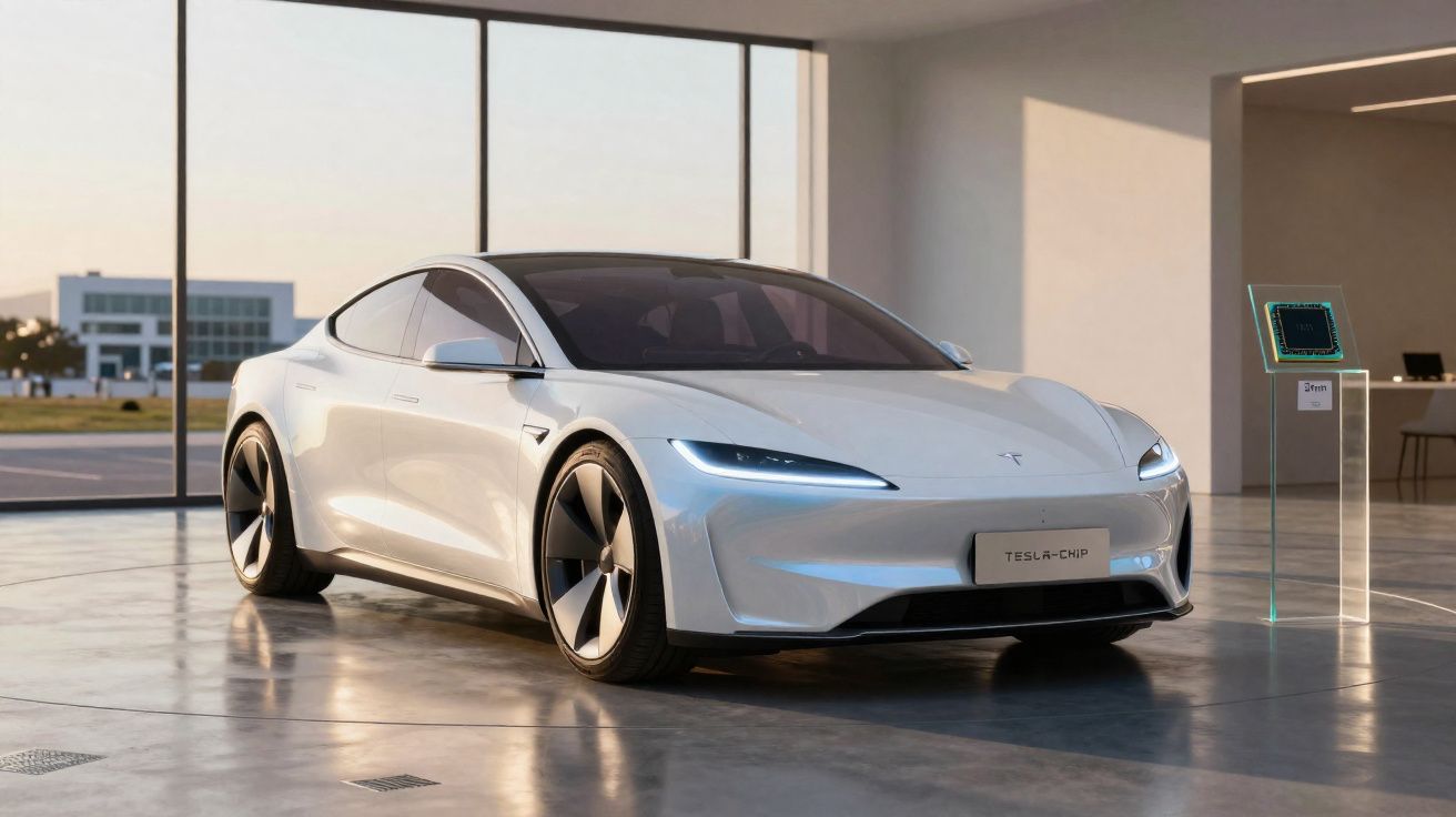 Carro elétrico prateado Tesla Model S estacionado em espaço moderno com grandes janelas e luz natural.