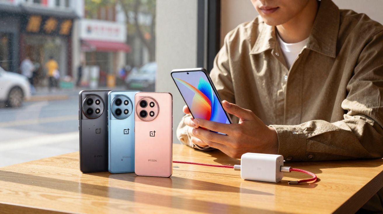 Pessoa sentada numa mesa com três telemóveis OnePlus e um carregador, segurando um telemóvel ligado.