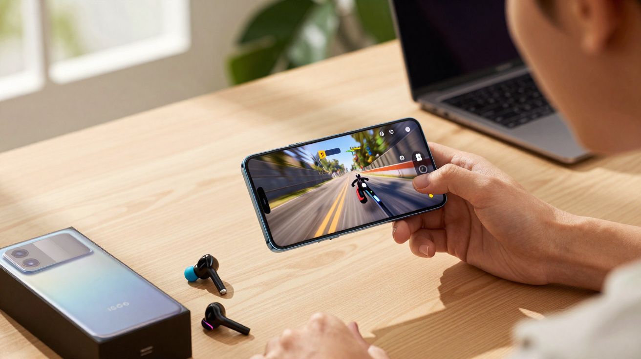 Pessoa a jogar jogo de corrida num smartphone com auscultadores sem fios e portátil ao fundo.