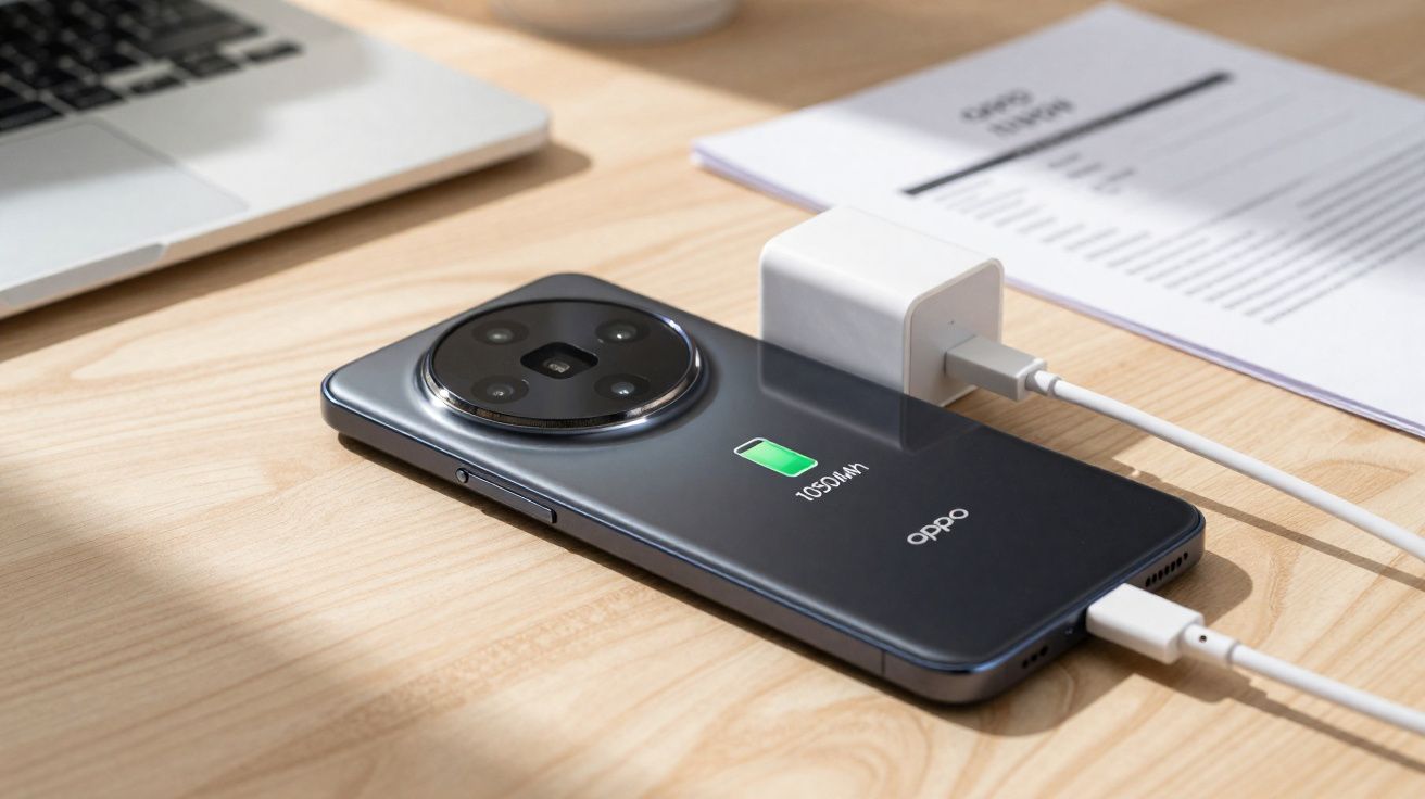 Smartphone Oppo a carregar com adaptador e cabo sobre mesa de madeira, ao lado de computador e documento.