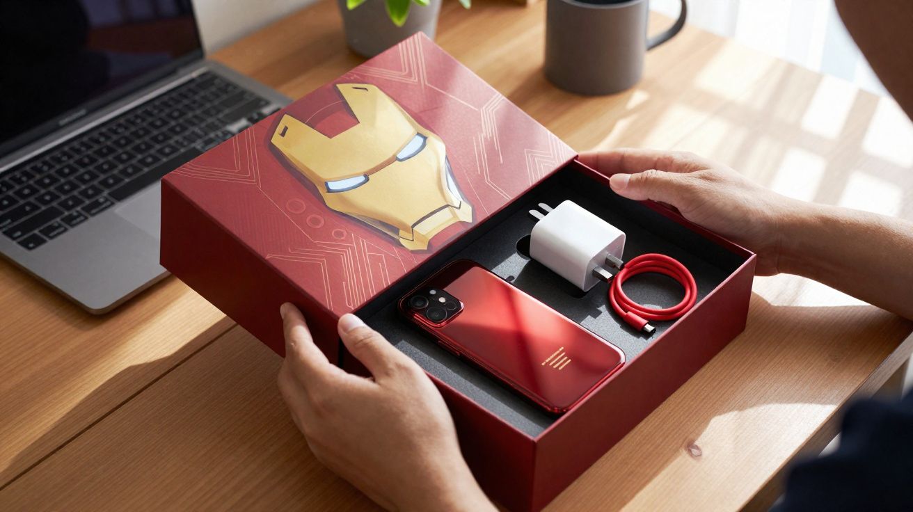 Caixa vermelha temática do Homem de Ferro com smartphone vermelho, carregador branco e cabo vermelho.