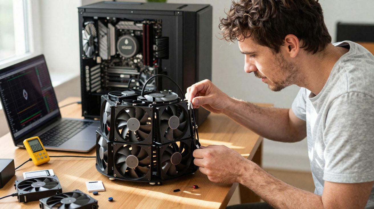 Homem a montar dispositivo com várias ventoinhas numa mesa com computador portátil e peças eletrónicas.