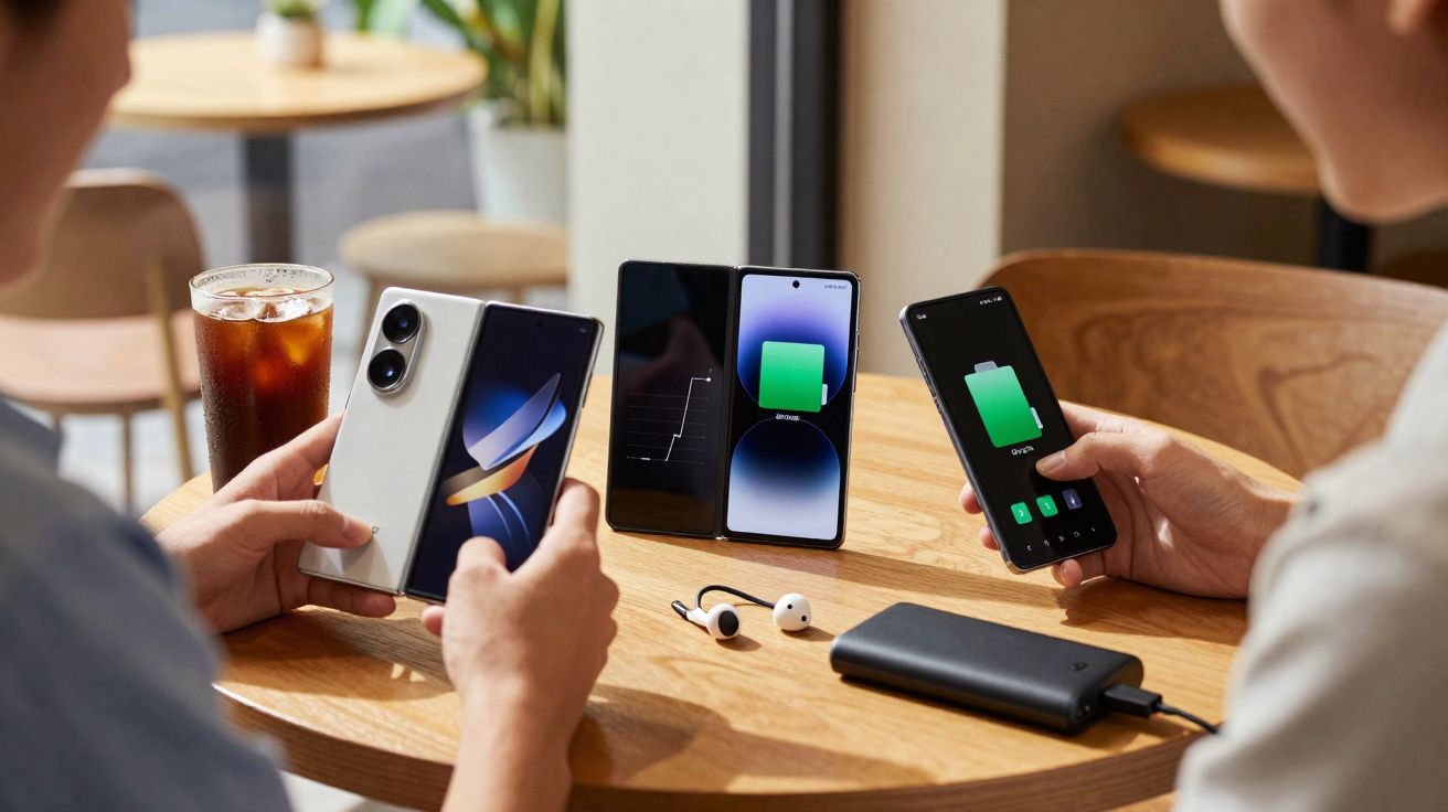 Duas pessoas numa mesa com vários smartphones e auscultadores, e um carregador portátil a fornecer bateria.