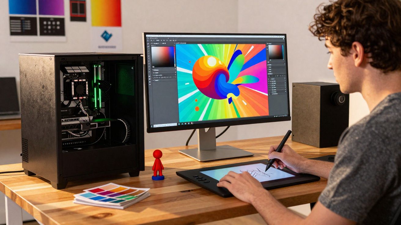 Pessoa a usar mesa digitalizadora para criar arte digital colorida num computador de secretária.