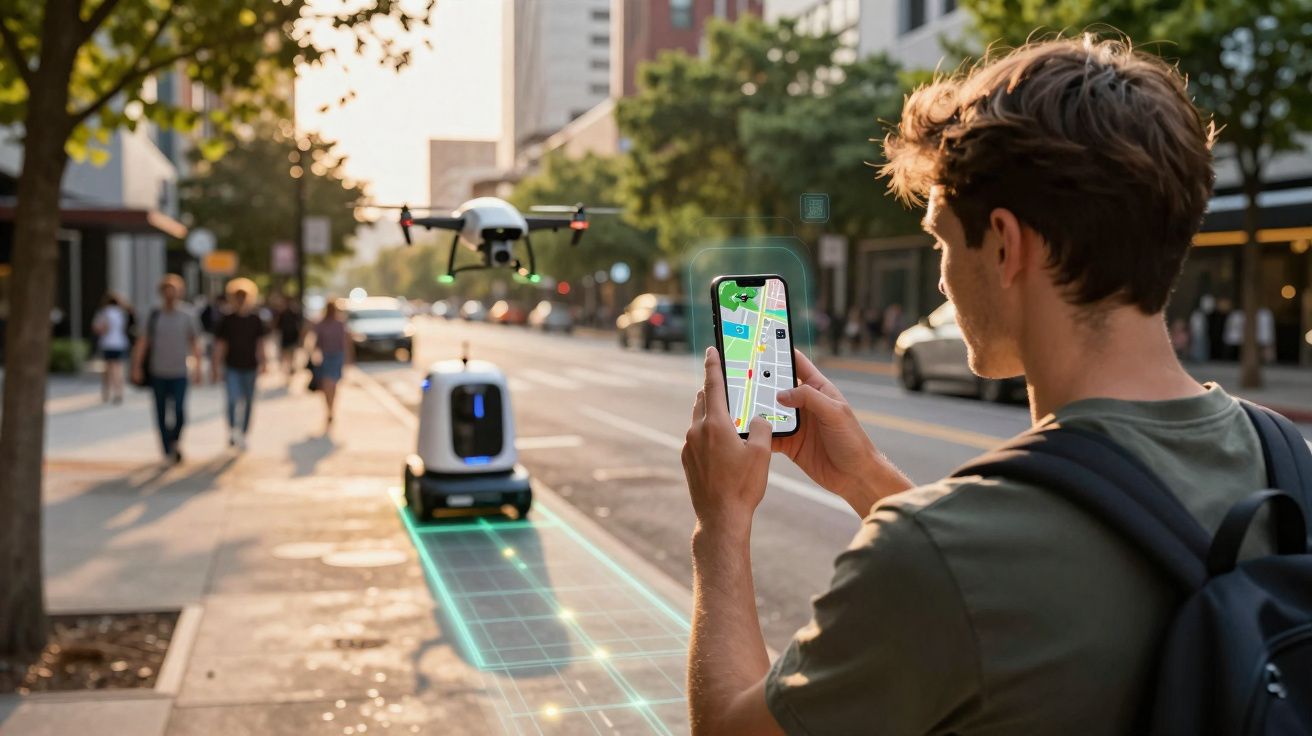 Homem utiliza smartphone para controlar drone e robô autónomo numa rua urbana movimentada.