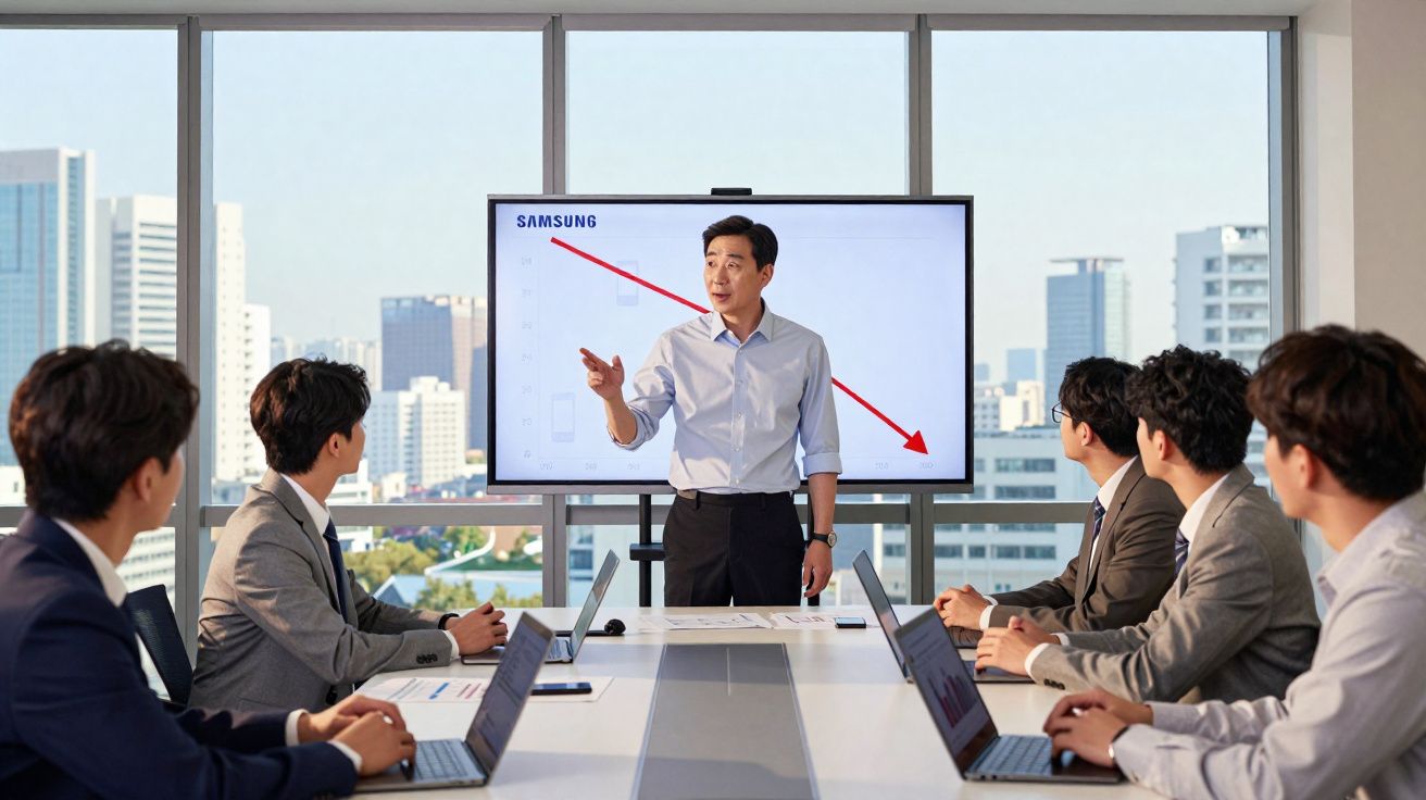 Homem em apresentação mostra gráfico decrescente para cinco colegas de trabalho numa sala com vista urbana.