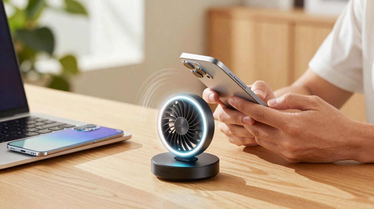 Ventoinha portátil a funcionar numa secretária com pessoa a usar um smartphone ao lado de um computador portátil.