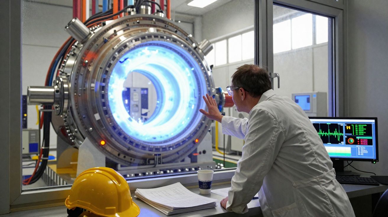 Cientista em laboratório observa máquina circular brilhante enquanto monitora dados no computador.