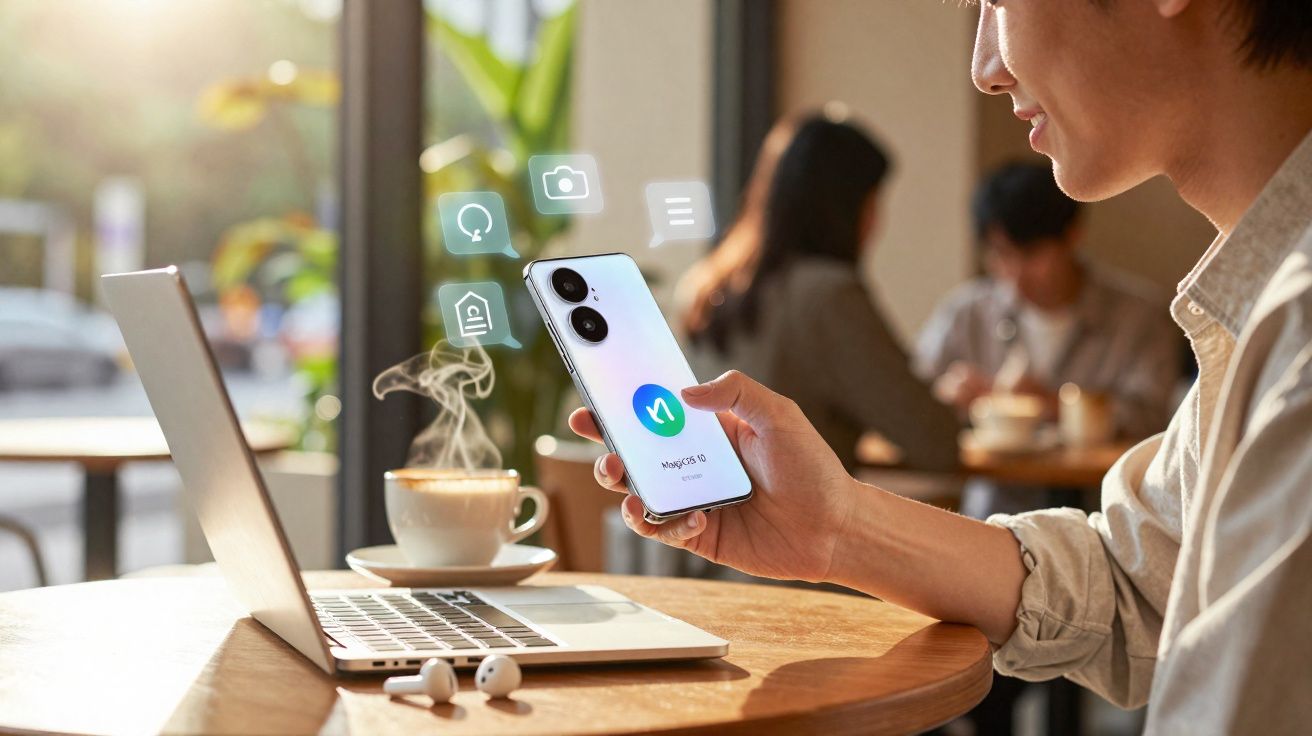 Pessoa a usar smartphone com ícones digitais, laptop aberto e chá quente numa mesa de café iluminada.