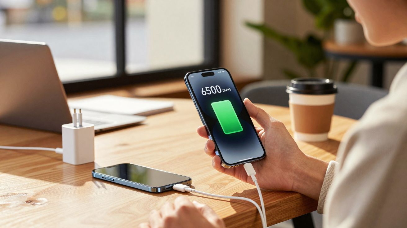 Pessoa a segurar telemóvel a carregar, mostrando bateria a 6500 mAh, com outro telemóvel e laptop numa mesa.