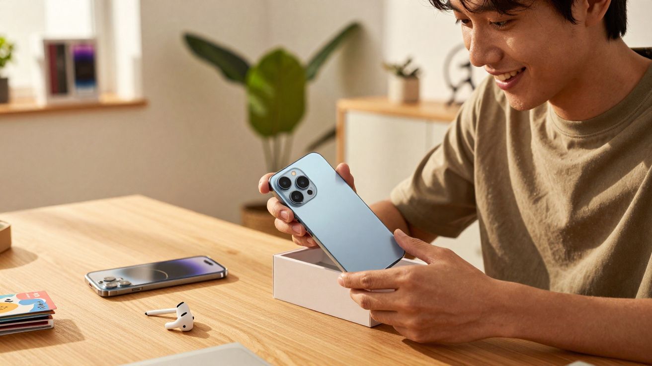 Pessoa sorridente a segurar um smartphone azul recém retirado da caixa numa mesa de madeira.