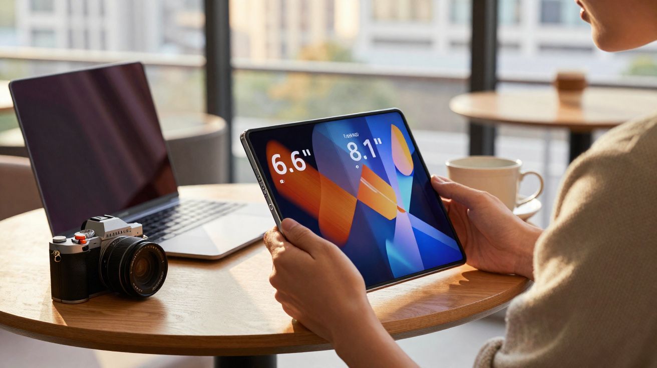 Pessoa a segurar tablet em mesa com portátil e câmera, mostrando tamanhos 6.6" e 8.1" na ecrã.