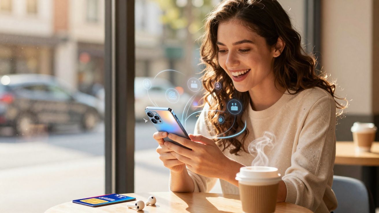 Mulher sorridente a usar smartphone num café, com ícones digitais a flutuar à sua volta.