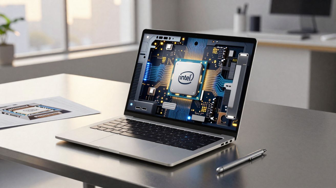 Computador portátil aberto numa secretária com foto de chip Intel no ecrã e caneta ao lado.