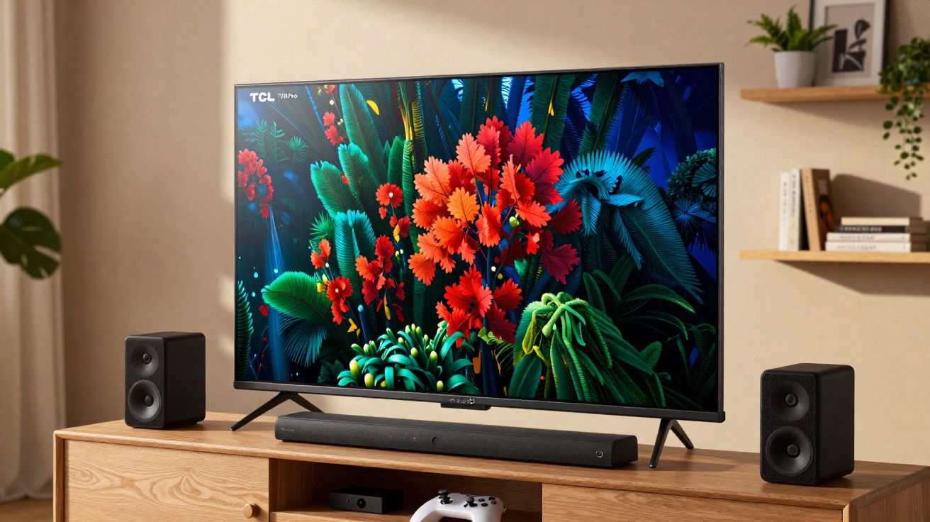 Televisão TCL com imagem colorida de flores e folhagens em suporte de madeira com colunas e comando.